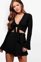 Boohoo Petite Kate Tie Front Frill Sleeve Top