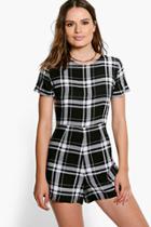 Boohoo Jen Capped Sleeve Checked Playsuit Black