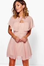 Boohoo Umeko Chiffon Bandeau Skater Dress With Cape Blush