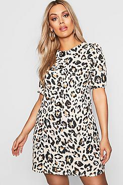 Boohoo Plus Horn Button Puff Sleeve Leopard Shift Dress