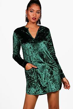 Boohoo Crushed Velvet Pocket Shirt Dress