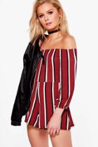Boohoo Suzie Striped Off The Shoulder Playsuit Berry