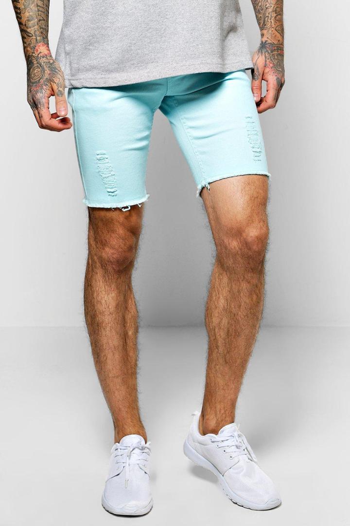 Boohoo Skinny Stretch Biker Shorts With Rips Blue