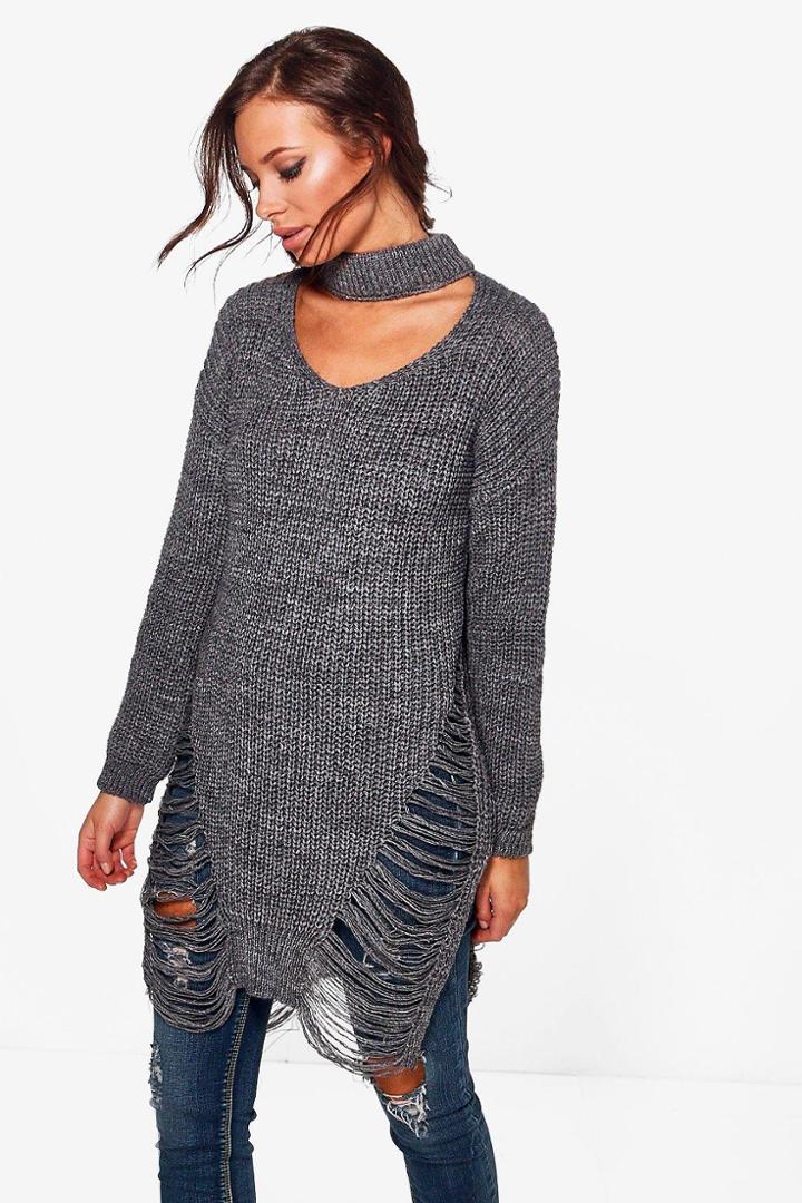Boohoo Scarlett Distressed Hem Choker Jumper Silver