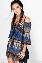 Boohoo Nina Off The Shoulder Woven Playsuit Multi