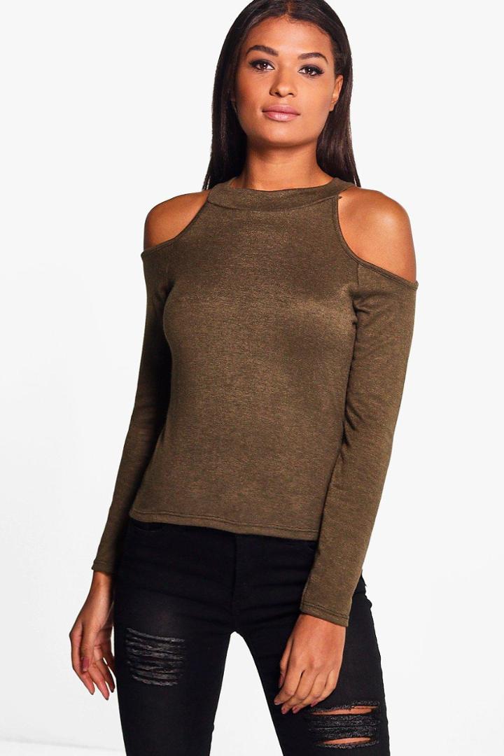 Boohoo Lily Cold Shoulder Jumper Khaki