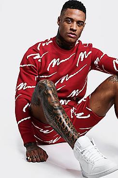 Boohoo All Over Man Print Sweater Short Tracksuit