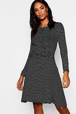 Boohoo Tall Twist Front Polka Dot Skater Dress
