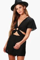 Boohoo Mary Cut Front Capped Sleeve Playsuit Black