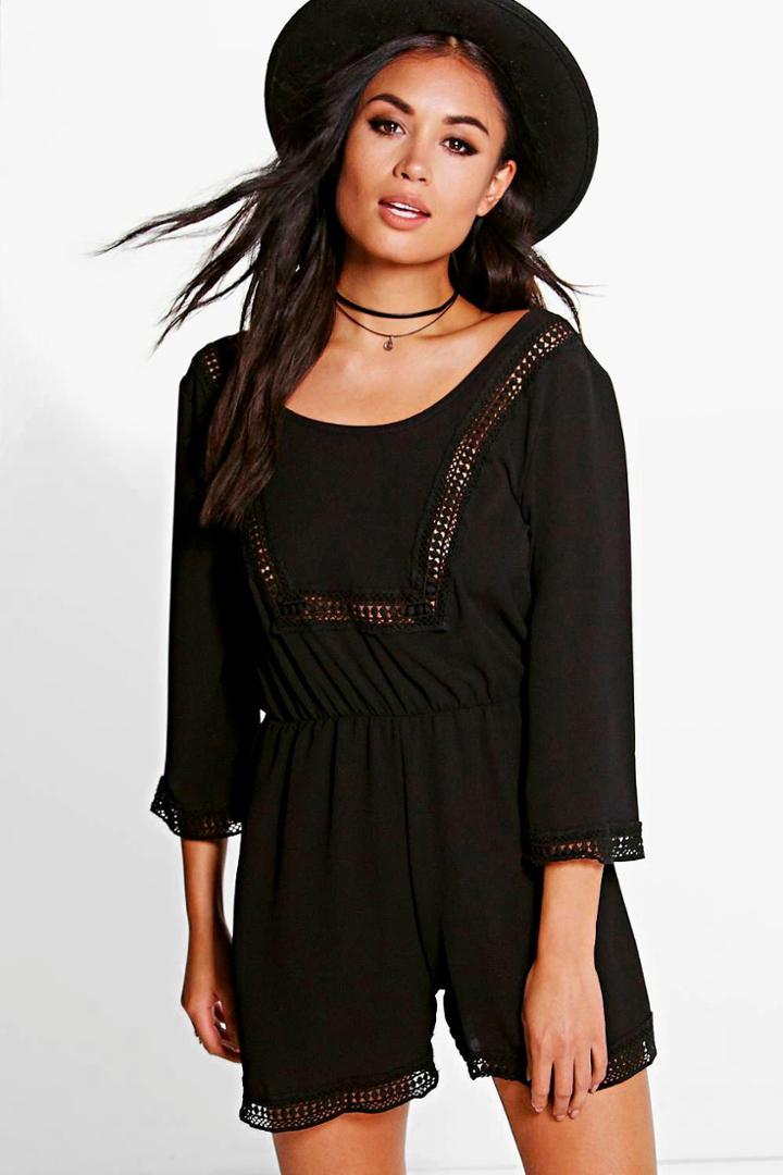 Boohoo Ava Crochet Trim Wide Sleeve Playsuit Black