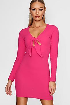 Boohoo Knot Front Long Sleeve Bodycon Dress