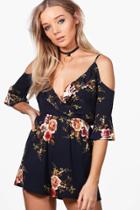 Boohoo Holly Floral Open Shoulder Playsuit Navy
