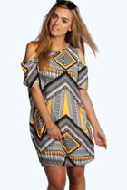 Boohoo Ruby Aztec Print Open Shoulder Shift Dress Multi