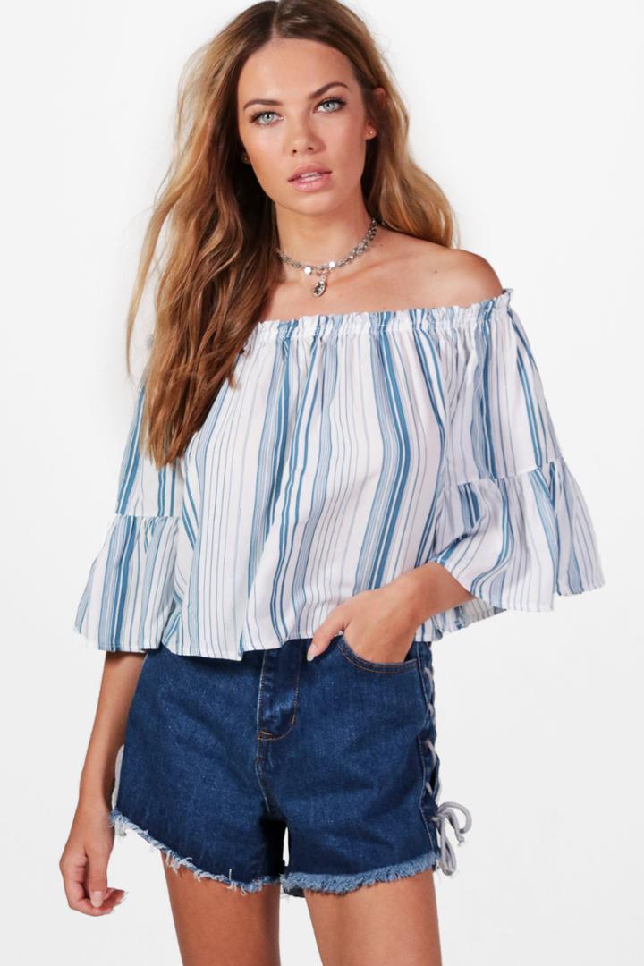 Boohoo Enya Off The Shoulder Stripe Shirt Blue