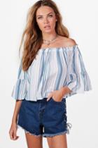 Boohoo Enya Off The Shoulder Stripe Shirt Blue