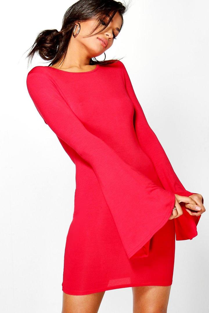 Boohoo Daphne Waterfall Sleeve Bodycon Dress Red