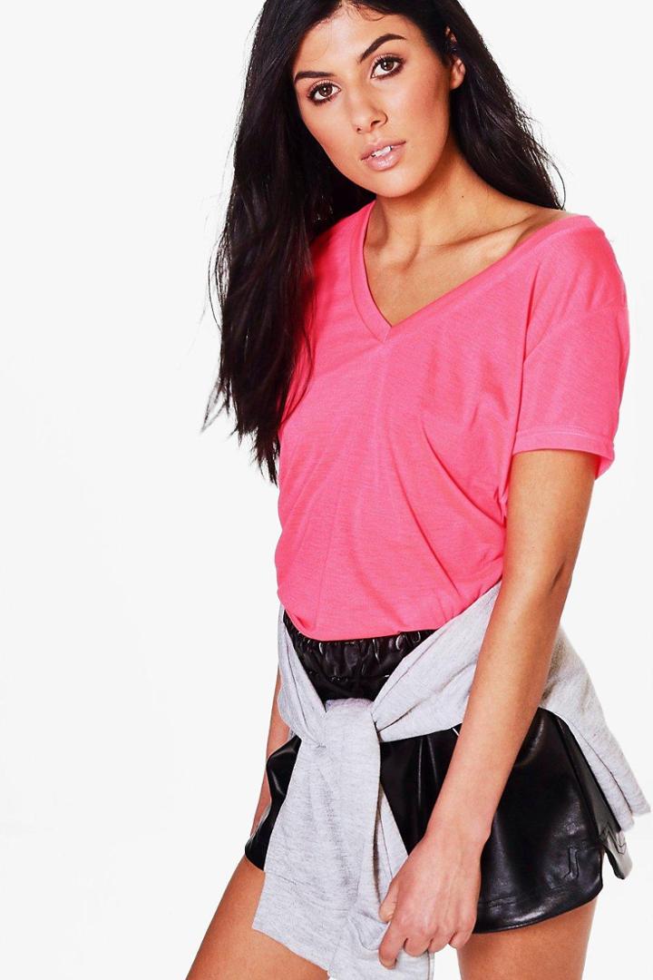 Boohoo Hannah Neon V Neck T-shirt Neon-pink