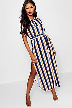 Boohoo Collarless Striped Double Split Maxi Shirt Dress