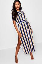 Boohoo Collarless Striped Double Split Maxi Shirt Dress