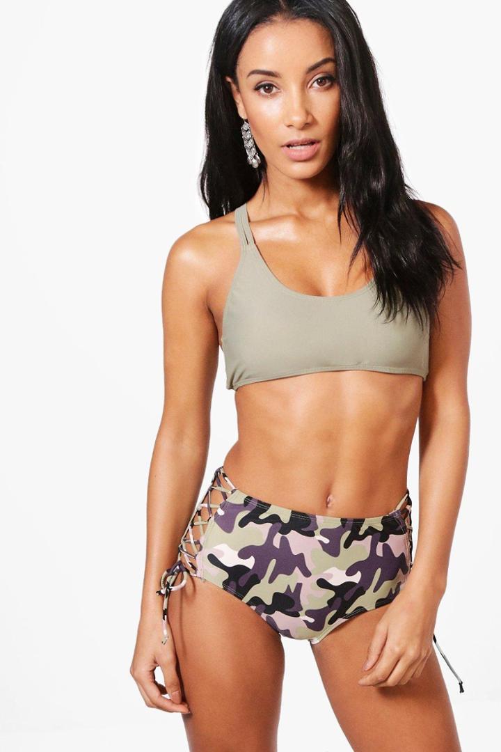 Boohoo Lisbon Camo Lace Up High Waist Bikini Khaki