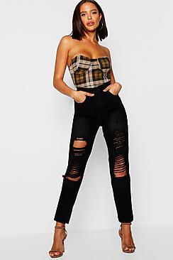 Boohoo Black High Waist Knee Rips Mom Jean