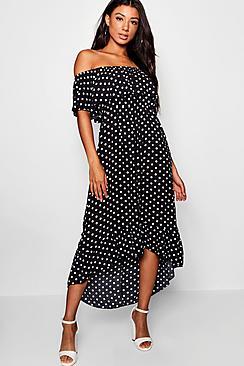 Boohoo Woven Spot Print Bardot Maxi Dress