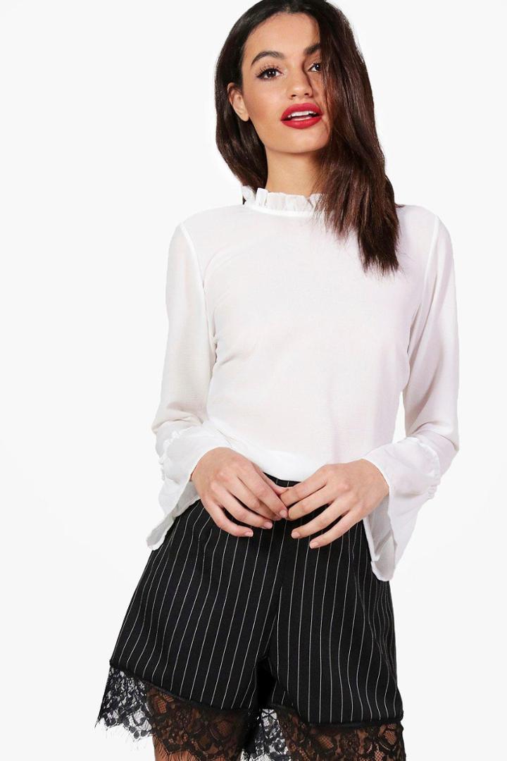 Boohoo Tina Ruffle Neck & Sleeve Blouse Cream