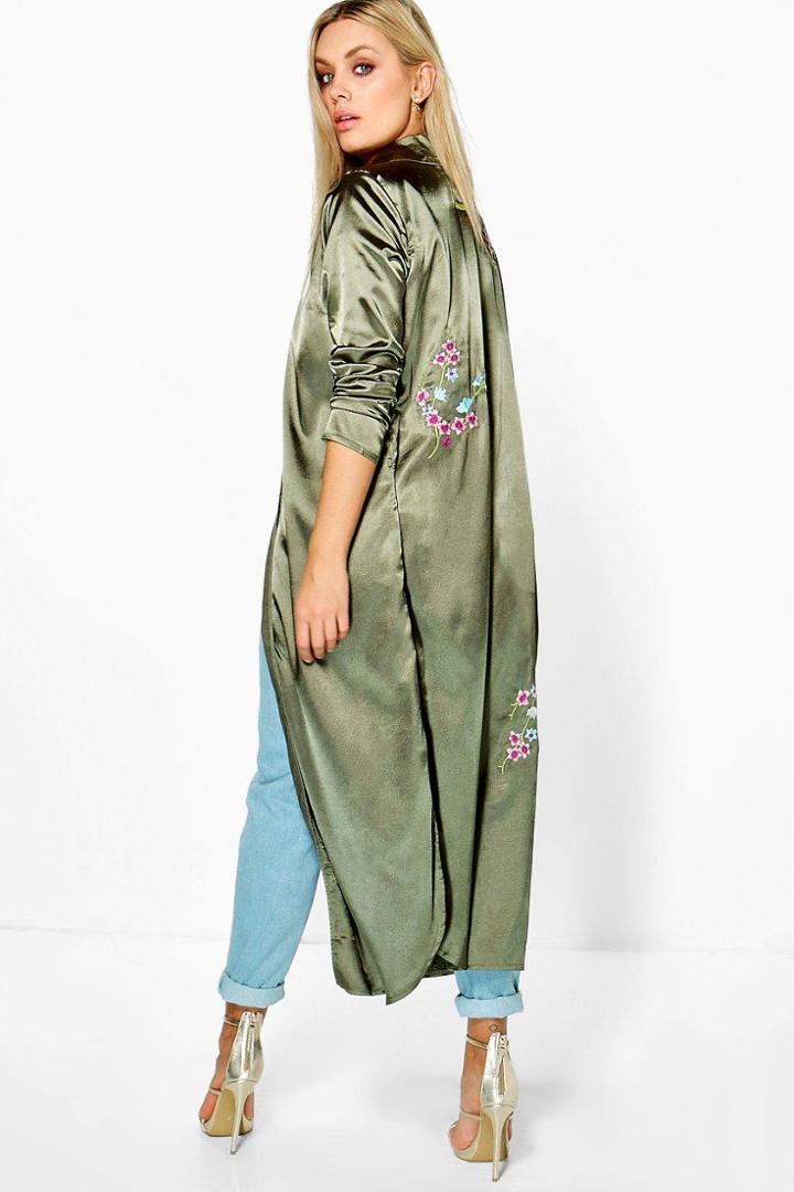 Boohoo Plus Emilie Embroidered Satin Duster Khaki