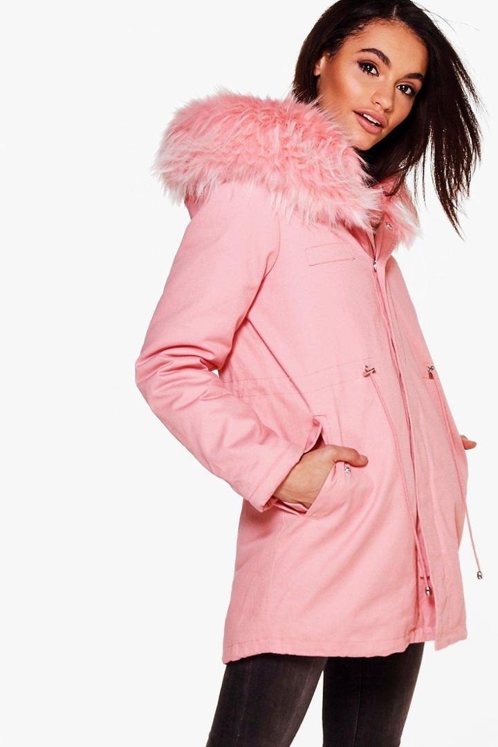 Boohoo Brooke Boutique Faux Fur Hood Parka Rose