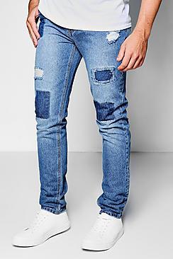Boohoo Mid Blue Tonal Patchwork Skinny Fit Jeans