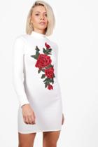 Boohoo Rae Embroidered High Neck Bodycon Dress Ivory