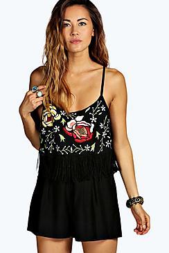 Boohoo Hazel Embroidered Frill Strappy Fringed Playsuit
