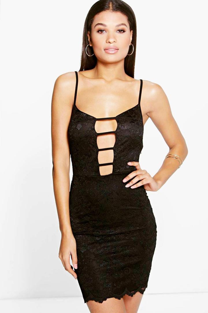 Boohoo Isara Lace Plunge Strap Detail Bodycon Dress Black