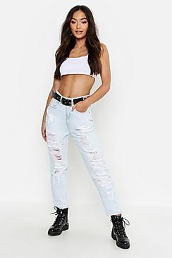 Boohoo Petite Light Wash Distressed Mom Jean