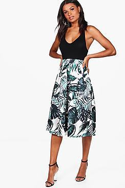 Boohoo Raya Palm Print Box Pleat Midi Skirt