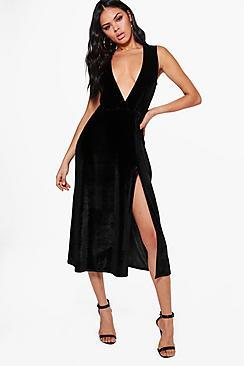 Boohoo Kia Plunge Velvet Thigh Split Midi Dress