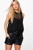 Boohoo Pippy Crochet Panel Ruffle Neck Blouse Black