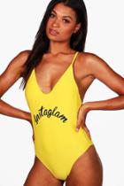 Boohoo New York Instaglam Slogan Scoop Bathing Suit Yellow