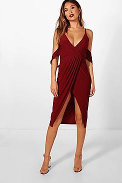 Boohoo Ruby Cold Shoulder Wrap Skirt Midi Dress
