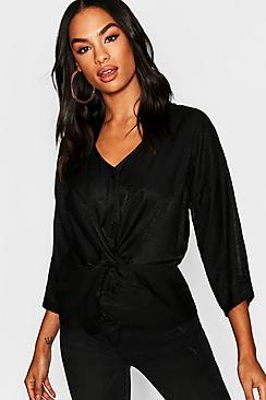 Boohoo Tall Crop Knot Front Button Blouse