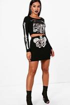 Boohoo Halloween Imy Skeleton Crop And Skirt Set