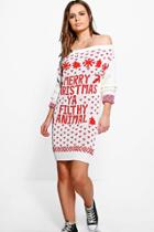 Boohoo Lacey Slash Neck Filthy Animal Christmas Jumper Dress Cream