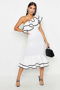 Boohoo One Shoulder Contrast Frill Hem Midi Dress