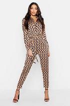 Boohoo Geo Print Satin Shirt Jumpsuit