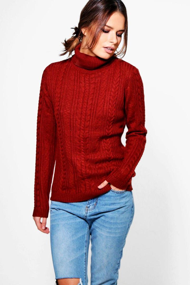 Boohoo Alice Turtle Neck Cable Jumper Rust