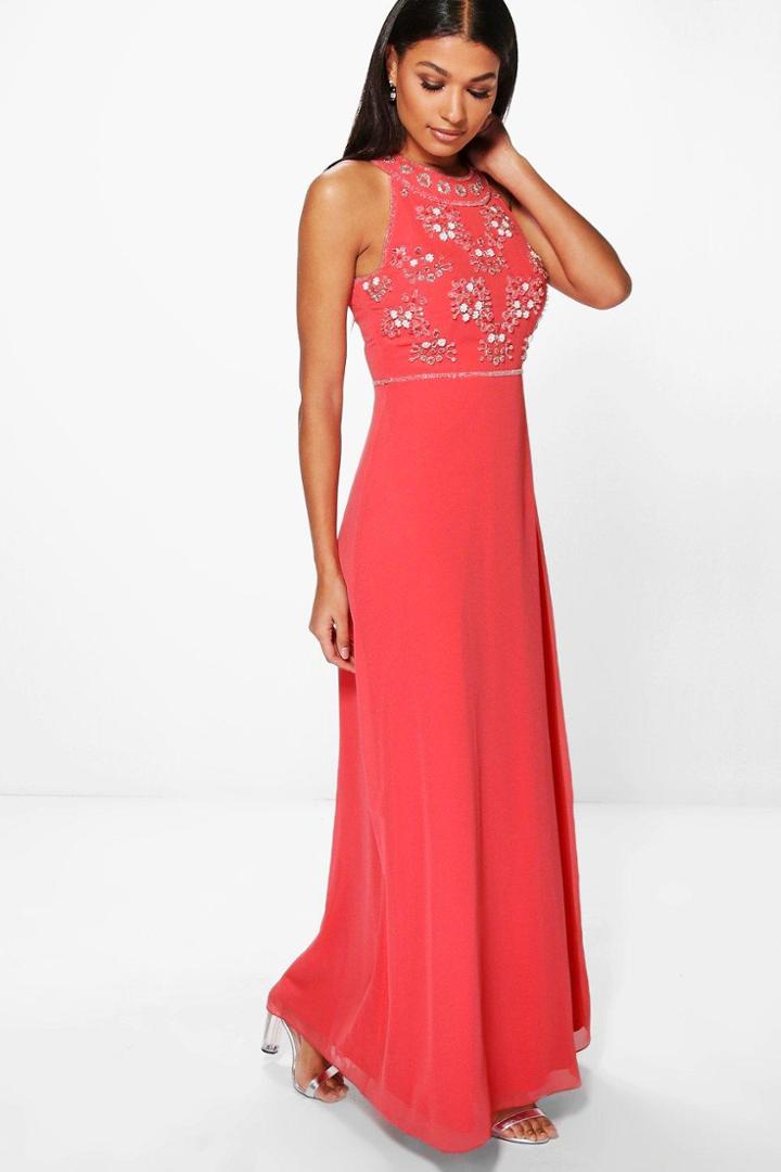 Boohoo Boutique Aine Floral Top High Neck Maxi Dress Coral