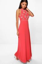 Boohoo Boutique Aine Floral Top High Neck Maxi Dress Coral