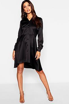 Boohoo Dipped Hem Luxe Satin Shirt Dress