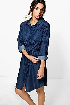 Boohoo Ria Button Through Dark Indigo Denim Shirt Dress
