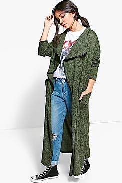 Boohoo Jasmine Pu Trim Maxi Waterfall Cardigan